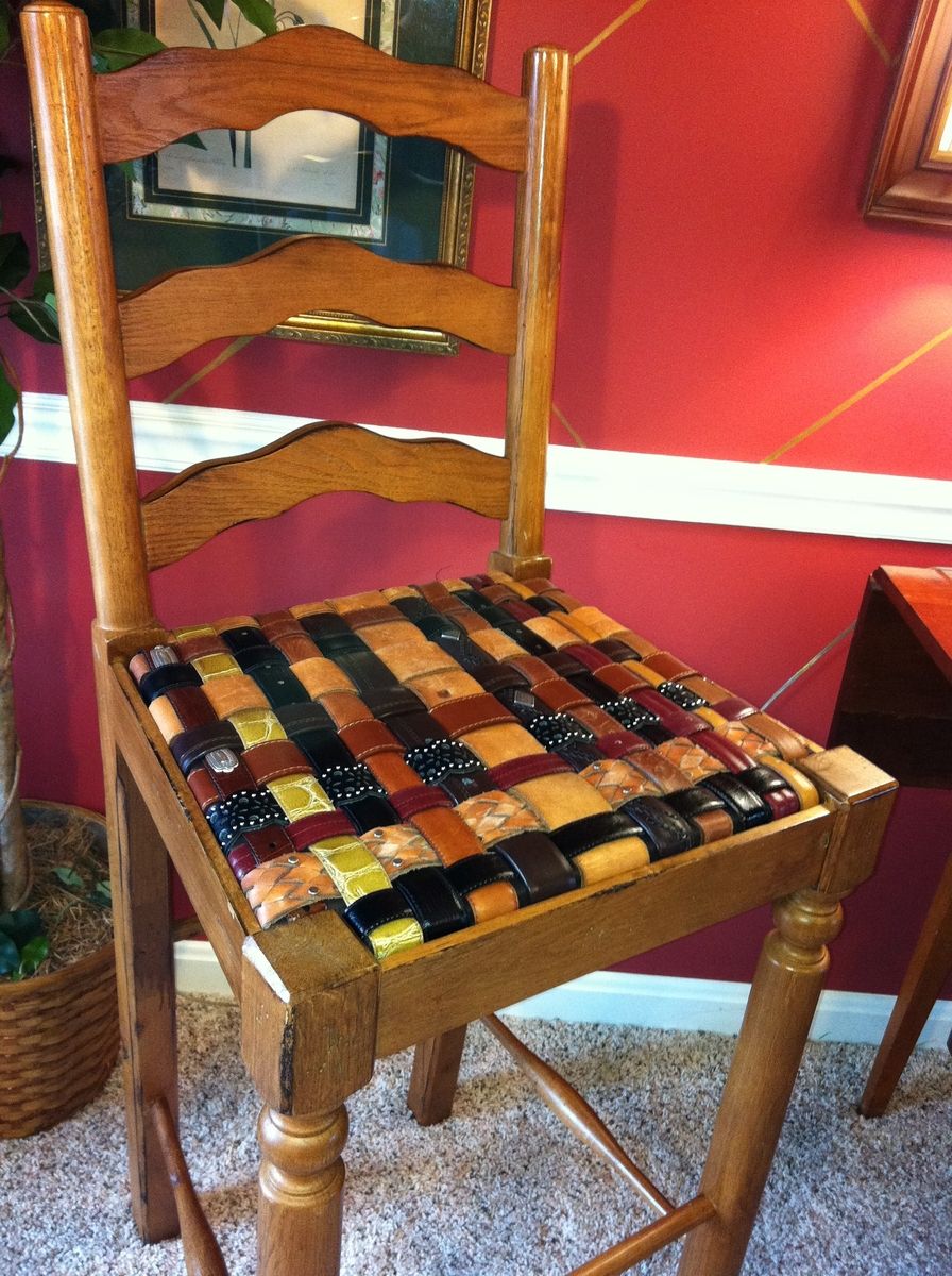 Hand Made Custom Barstool With Seat From Woven Recycled Leather Belts