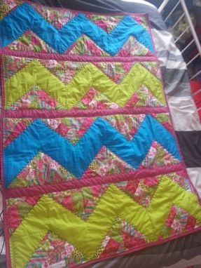 Custom Made Pink, Teal & Lime Green Chevron Crib Sized Quilt