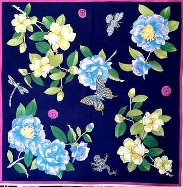 Custom Made Adrienne Landau Studio Navy Floral Insect Silk Scarf Framed Art