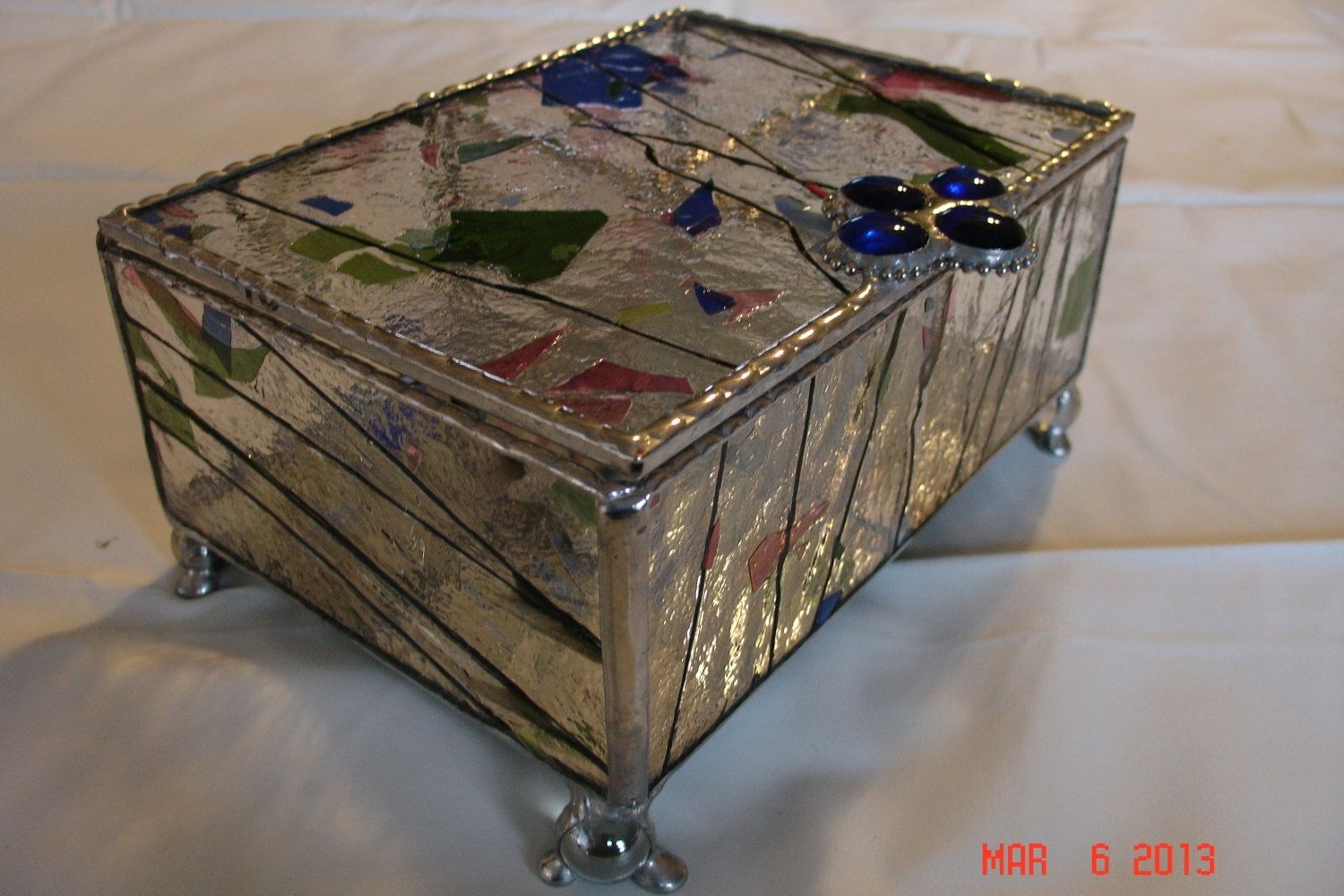 Hand Made Stained Glass Jewelry Box W/ Dividers In Blue, Pink & Green