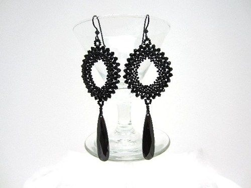 Custom Made Long Black Beadwork Earrings Prom Elegant Bling