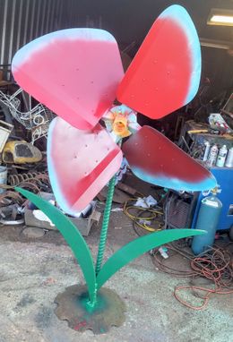 Custom Made Large Red Flower Scrap Metal Art