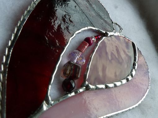 Custom Made Pink And Red Stained Glass Heart With Beads And Crystals