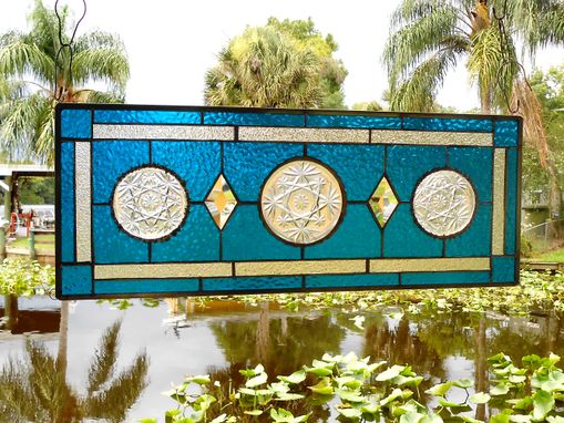Custom Made Vintage Stained Glass Transom Window, Depression Glass Stained Glass Panel