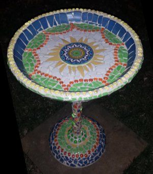 Custom Made Unique Mosaic Colorful Coaster And Ceramic Upcycled Dinnerware Birdbath