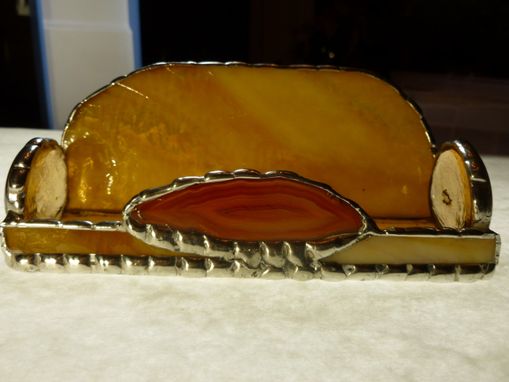 Custom Made Amber Brown Stained Glass Business Card Holder With Agate