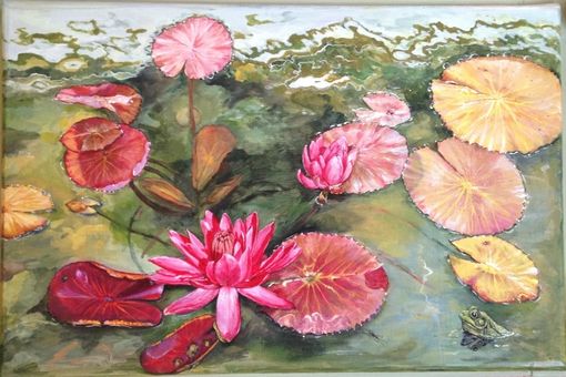 Custom Made Water Lily Pond Painted Bench