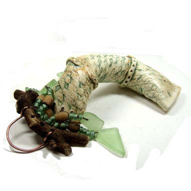 Custom Made Handmade Ceramic Clay Rattle Snake With Found Wood Handle And Bead Adornment
