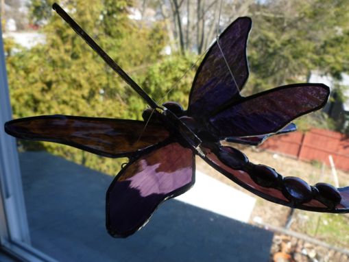 Custom Made Double Winged Dragonfly Stained Glass Art In Purple