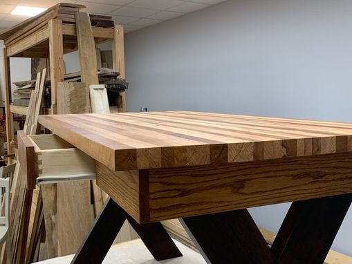 Custom Made Modern Butcher Block Top Desk With Dovetail Drawer And Cherry Cross Style Legs