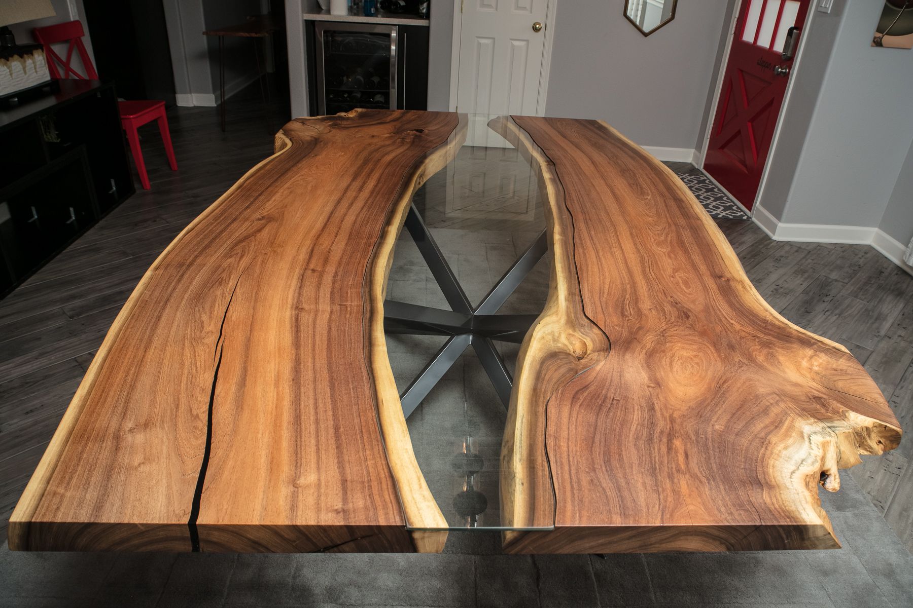 Hand Crafted Live Edge Dining Table Bookmatched Mesquite W Glass Inlay By Lumberlust Designs 