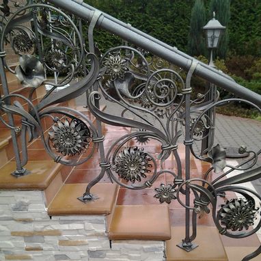 Custom Made Forged Custom Metal Outdoor Railing Flower Pattern With Two Lamps.
