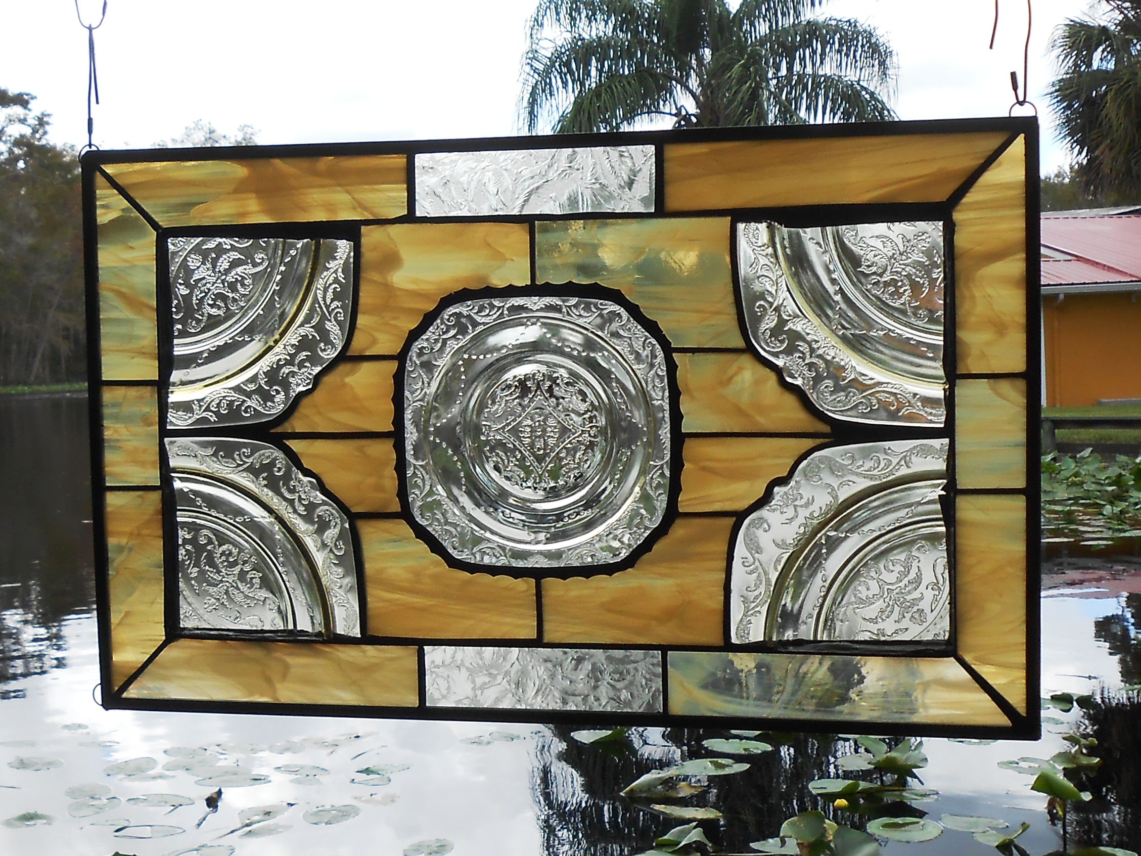 Custom Made Stained Glass Plate Panel 1930s Depression Glass Madrid