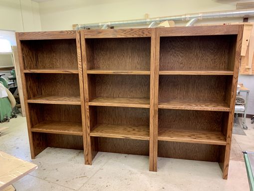 Custom Made Stained Oak Wall Shelving With Base Cabinets