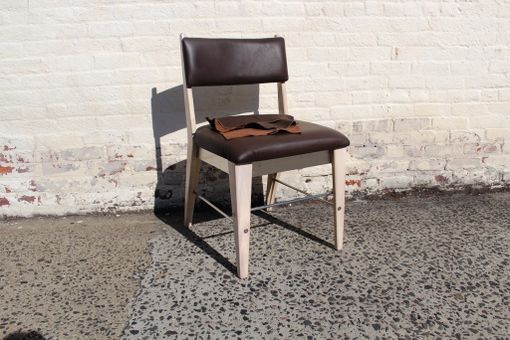 Custom Made Brown Leather Stainless Steel Pickled Oak Low Back Chair