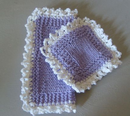 Custom Made Pretty Hand Knit Deluxe Sponge And Washcloth Set - In Lavender And White/Lace Edge