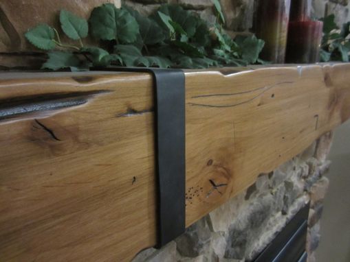 Custom Made Knotty Alder Beam Mantel With Thick Hand Hammered Straps