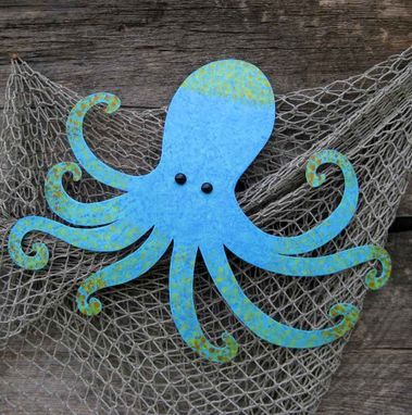 Custom Made Handmade Upcycled Metal Blue Octopus Wall Art Sculpture