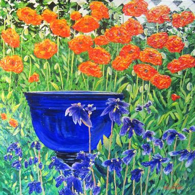 Custom Made Impasto (Highly Textured) Acrylic Painting "Blue Bowl In The Garden"