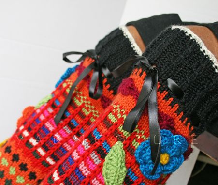 Custom Made Hand Knit Fair Isle Knee High Socks W/3d Flowers