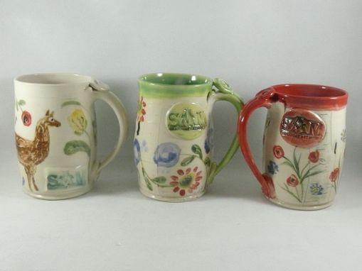 Custom Made Four Coffee Mugs Set - Artistic Carved And Glazed Ceramic Mugs 16-20 Ounce Coffee Cups