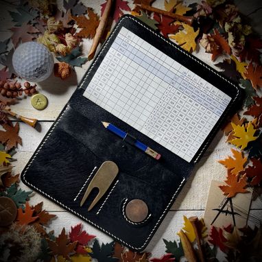 Custom Made Leather Golf Scorecard Holder Handmade With Black Marbled & Black Gaucho Oil Italian Leather