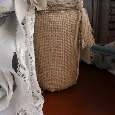 Custom Made Rustic Bird Decor Jar Vase Rag Bow Vintage Decor With Florals