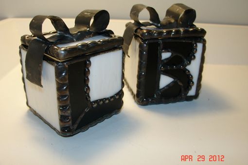 Custom Made Set Of 2 - Bride And Groom Initialed Wedding Ring Exchange Stained Glass Box