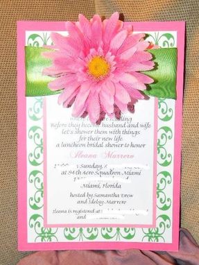 Custom Made Custom Gerbera Daisy Bridal Shower Invite With Ribbon Accent Pink & Green