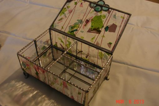 Custom Made Stained Glass Jewelry Box W/ Dividers In Pink, Green & Purple With Marbled Feet
