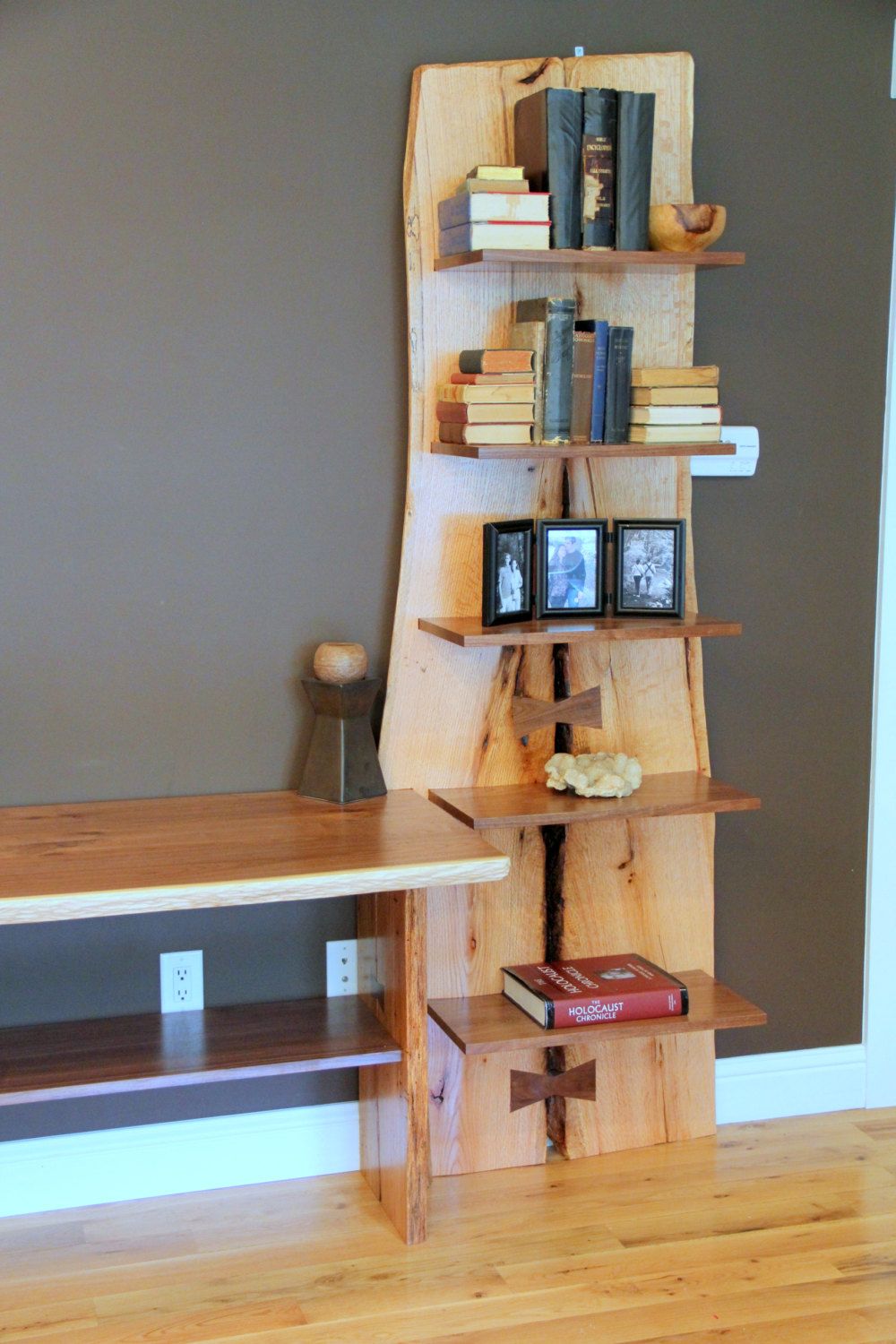 Custom Made Rustic Live Edge Oak Slab Bookcase / Built In Desk by