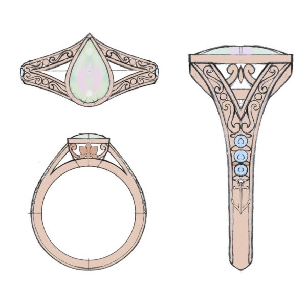 The elegant pear shaped opal center stone nestles on the rose gold band of this anchor inspired engagement ring.