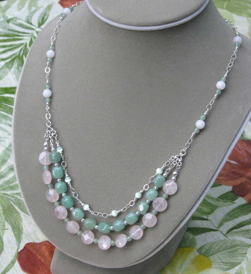 Custom Made Rose Quartz And Adventurine Triple Strand Necklace by ...