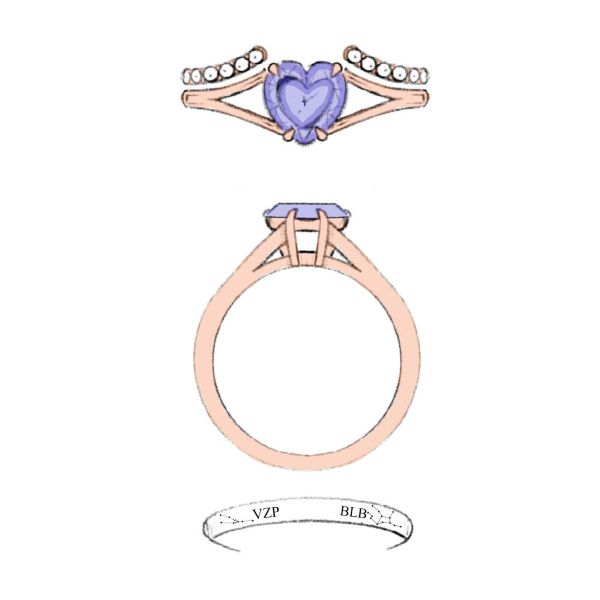 We’re over the moon for this heart cut amethyst centered engagement ring hiding the constellations of our star-crossed couple.
