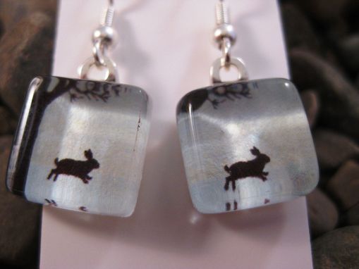 Custom Made Glass Tile Earrings With Little Forest Rabbit Design