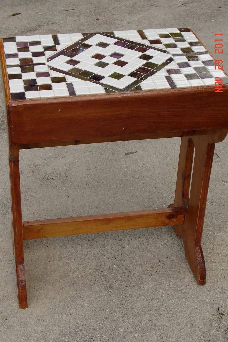 Custom Multi Leveled Mosaic End Table With White Tiles And Green
