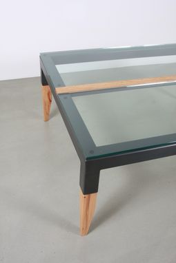 Custom Made 'Squared' Coffee Table In Recycled Steel, Glass And Reclaimed Black Oak