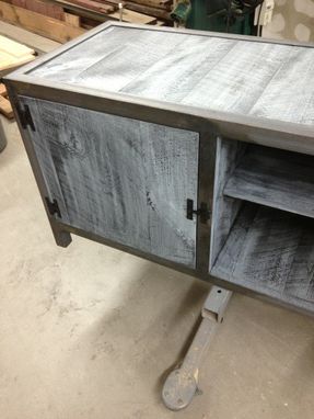 Custom Made Industrial Console Table With Blue Washed Pine
