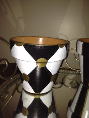 Custom Made Hand Painted Black And White Terra Cotta Pots - Set Of 3