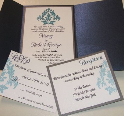 Custom Made 150 Beautiful Lapis Blue And Silver Metallic Damask Pocketfold Invitation Suites