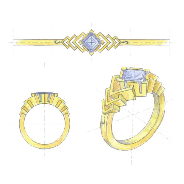 这枚装饰艺术风格的紫水晶订婚戒指的设计草图。