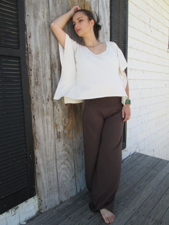 Hand Crafted Fold Over Waist Wide Leg Yoga Pant In Cocoa And Black Bamboo  Jersey Knit - Eco Friendly by GreenLinebyK