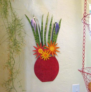 Custom Made Handmade Upcycled Metal Flower Vase Wall Art Sculpture In Red Orange