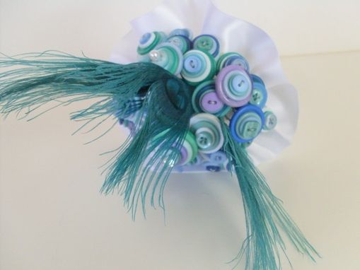 Custom Made Peacock Blue Buttons Bridal Bouquet