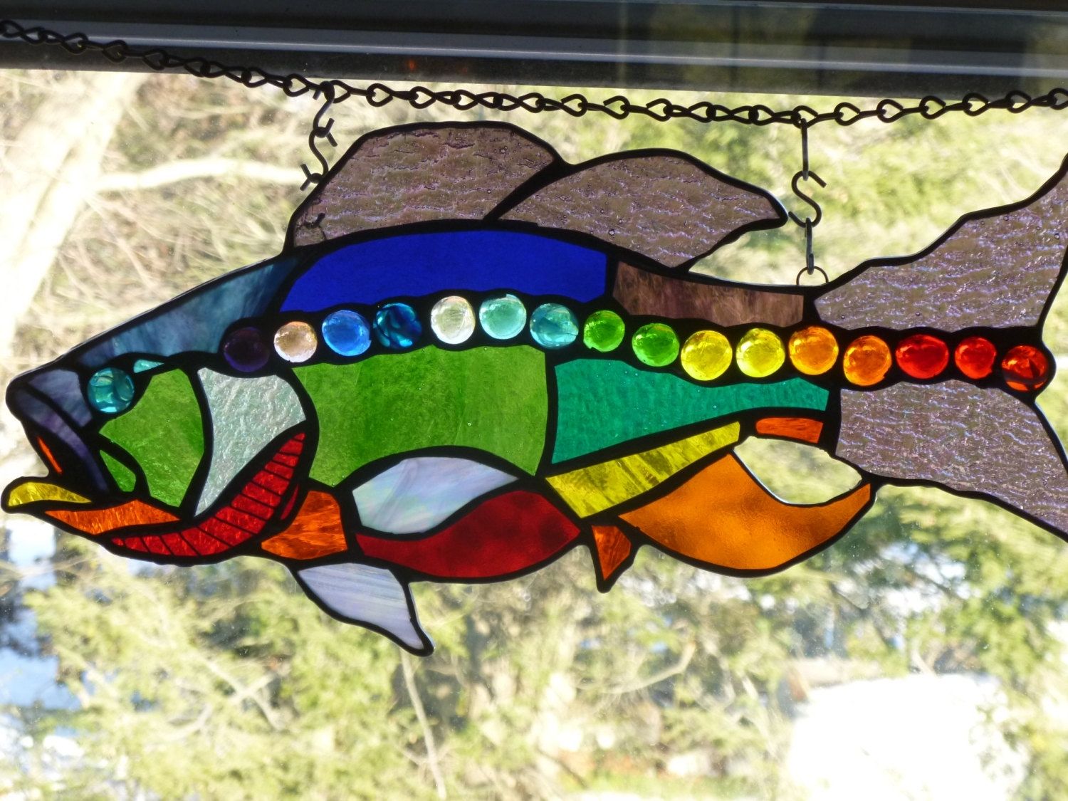 Custom Rhode Island Rainbow Large Mouth Bass Stained Glass Art by Glass
