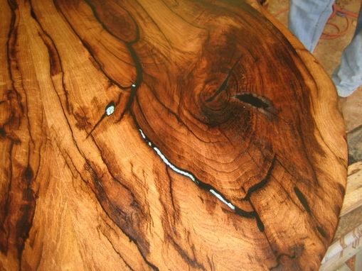 Custom Made Mesquite Oval Table Top With Turquoise Inlay