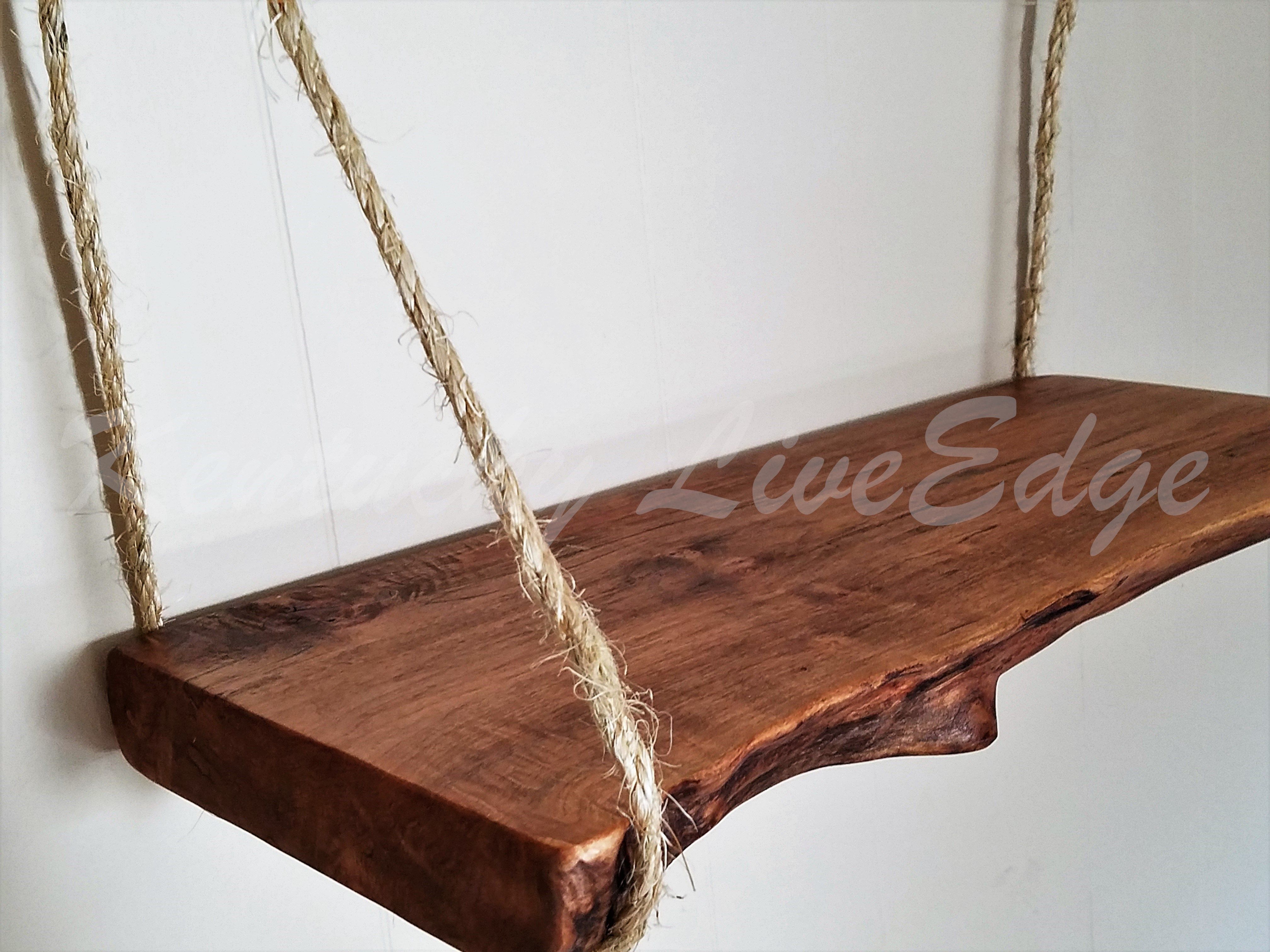 Hand Crafted Hanging Shelf- Natural Wood- Live Edge Shelf- Big Leaf