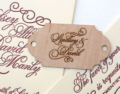Custom Made Letterpress Calligraphy Wedding Invitation With Wood Monogram Tag, Laser Engraved