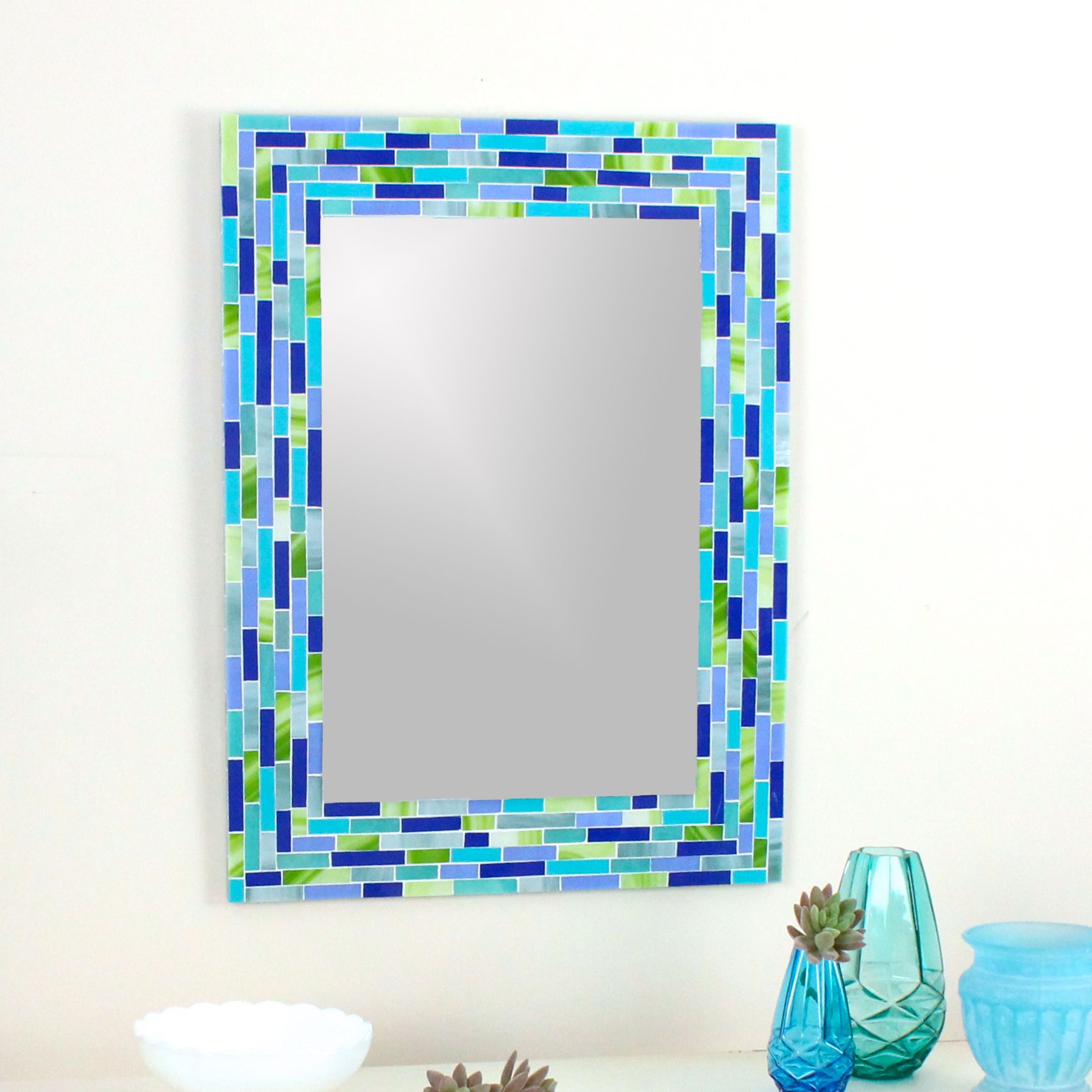 Custom Made Modern Mosaic Wall Mirror In Blue And Green Stained Glass