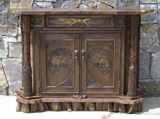 Custom Made Rustic Walnut Carved Cabinet